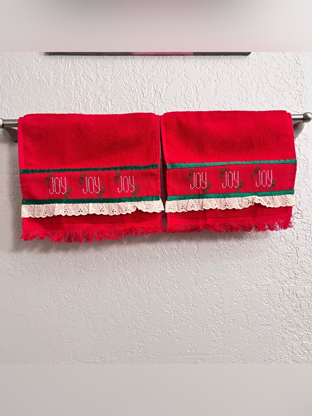 Vintage Christmas JOY Hand Towels Set Red Holiday Decor